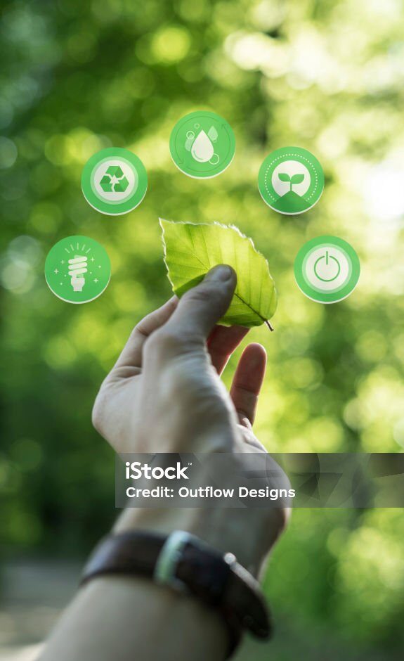 Human hand catch a leaf with sustainable symbols around, green life concept, sustainability, recycling