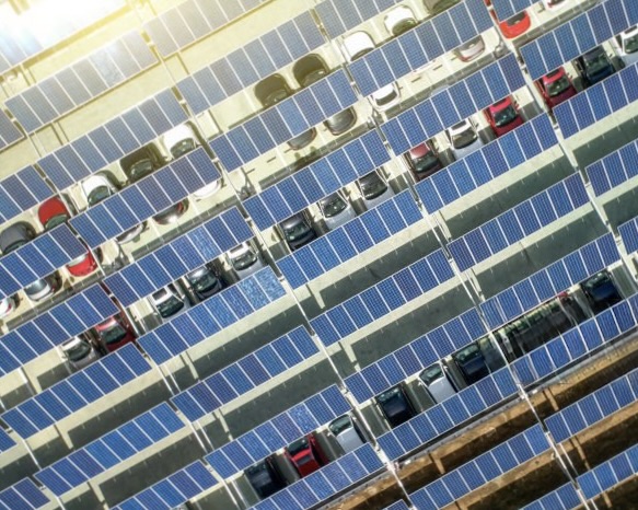 Solar photovoltaic panel at the top of aerial open-air car parking lot